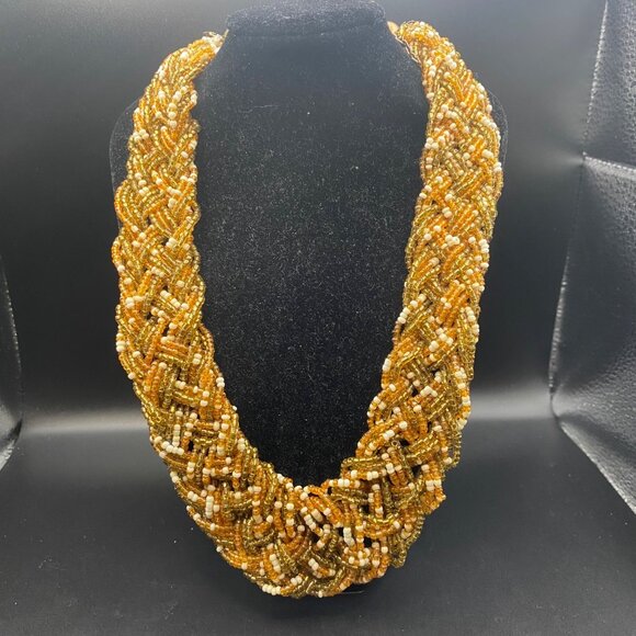 Handmade Braided Glass Seed Bead Necklace Gold Amber White Brass 19+3" Boho - Picture 2 of 7